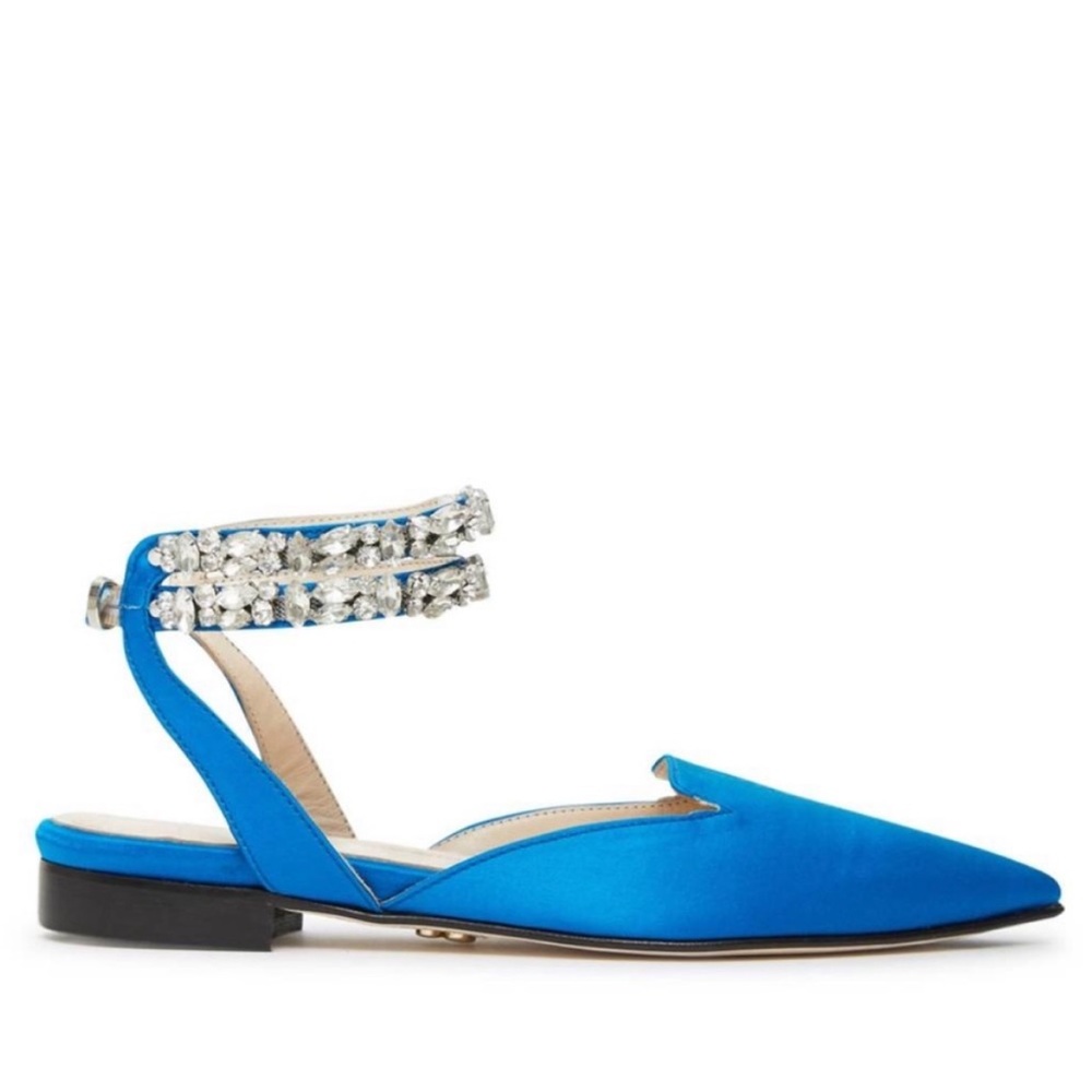 NEW BEAUTIISOLES BY ROBYN SHREIBER amelia sandal in blue silk satin 7.5